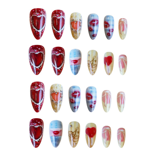 Romantic Elegance Red and Blue Medium Almond Shape Medium Length Press On Nail Set with Unique Heart and Lip Design