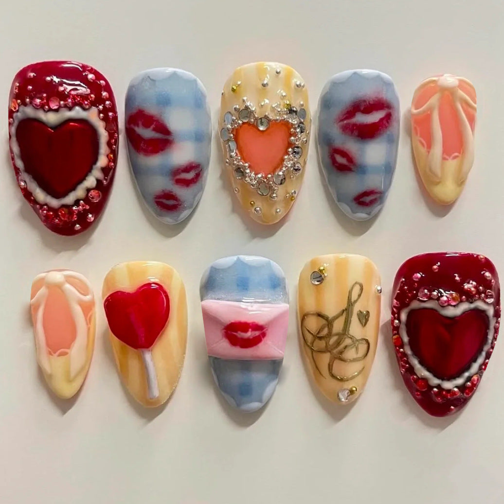 Romantic Love Theme Medium Almond Red Blue Yellow Heart and Lip Designs with Glitter Accents Press On Nail Set
