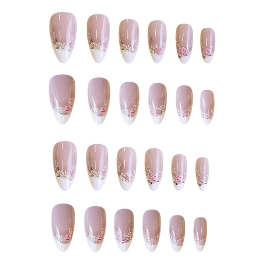 Enchanting Floral Dream Medium Almond Pink with Elegant White Tip and Intricate Blossom Design Press-On Nail Set