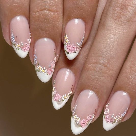 Garden Fantasy Medium Almond Blush Pink with Floral Accent Press on Nail Set