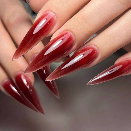Mystical Crimson Elegance Long Stiletto Gradient Red Nail Set with Glossy Finish
