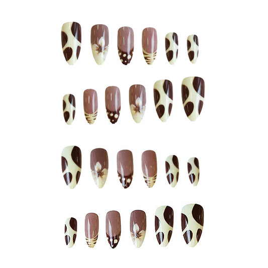 Chocolate Delight Medium Almond Shape Stylish Brown and Cream Floral Press on Nail Set