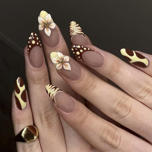 Choco Floral Elegance Medium Almond Brown and Yellow with Decorative Floral Accents Press On Nail Set
