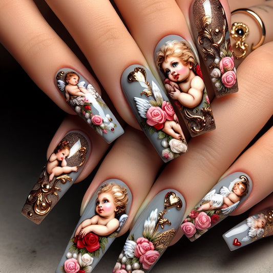 Charming Angelic Visions Long Square Shaped Gray with Intricate Floral and Cherub Designs Press On Nail Set