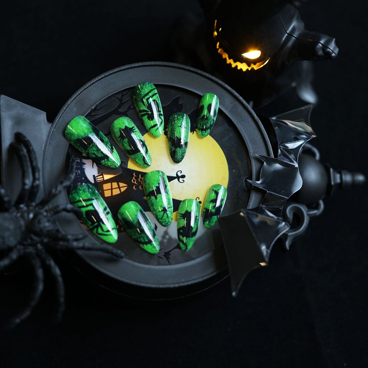 Spooky Vibes Long Almond Green Glow in the Dark Nail Set with Halloween Designs