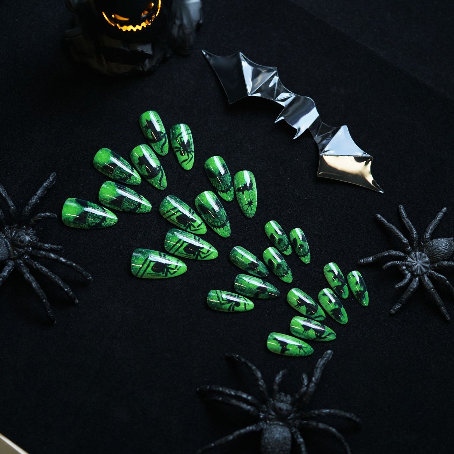 Spooky Vibes Long Almond Green Press On Nails with Spider Web Design