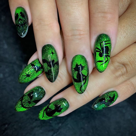 Ghoulish Glamorous Long Almond Shiny Green with Spooky Black Cat Design Press On Nail Set