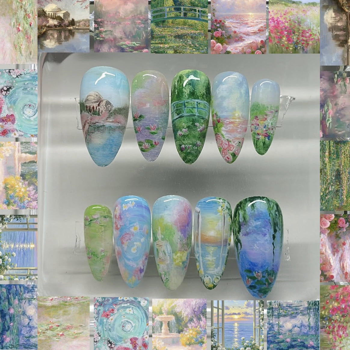 Impressionist Serenity Long Almond Green and Blue Artistic Press-On Nail Set