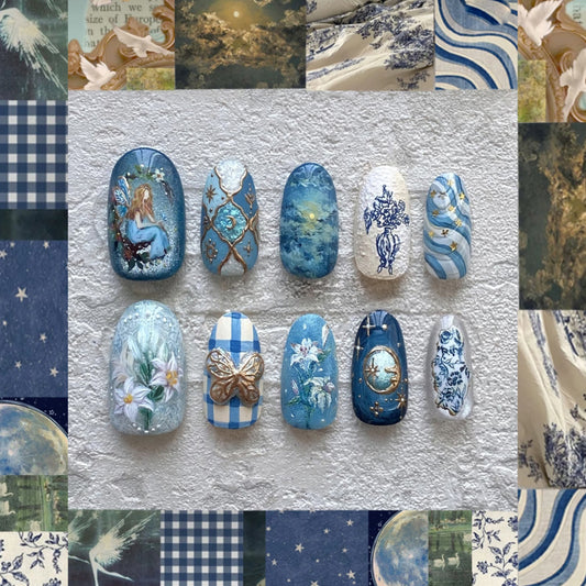 Dreamy Ocean Wave Medium Oval Blue Press On Nail Set with Unique Artistic Designs and Vibrant Textures