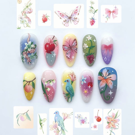 Floral Fantasy Long Almond Shaped Colorful Press On Nail Set with Intricate Hand-painted Designs