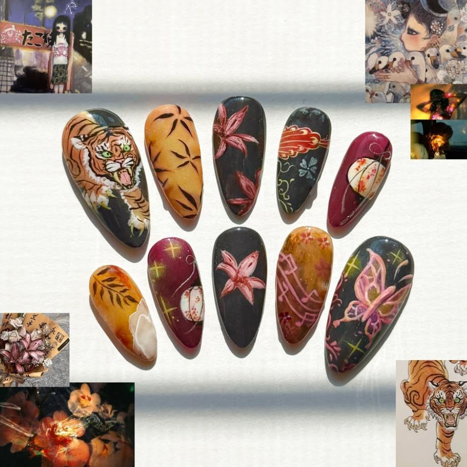 Tattoo Inspired Long Almond Shaped Multicolored Press On Nail Set Featuring Intricate Floral and Animal Designs