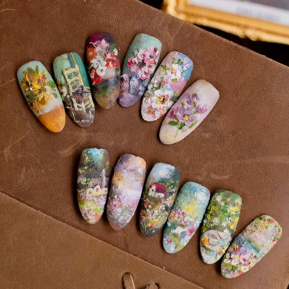 Artful Garden Inspired Medium Almond Green Floral Themed Press On Nail Set