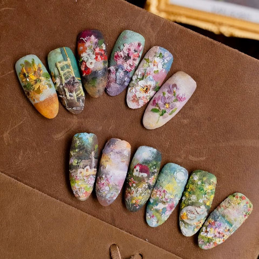 Artful Garden Inspired Medium Almond Green Floral Themed Press On Nail Set