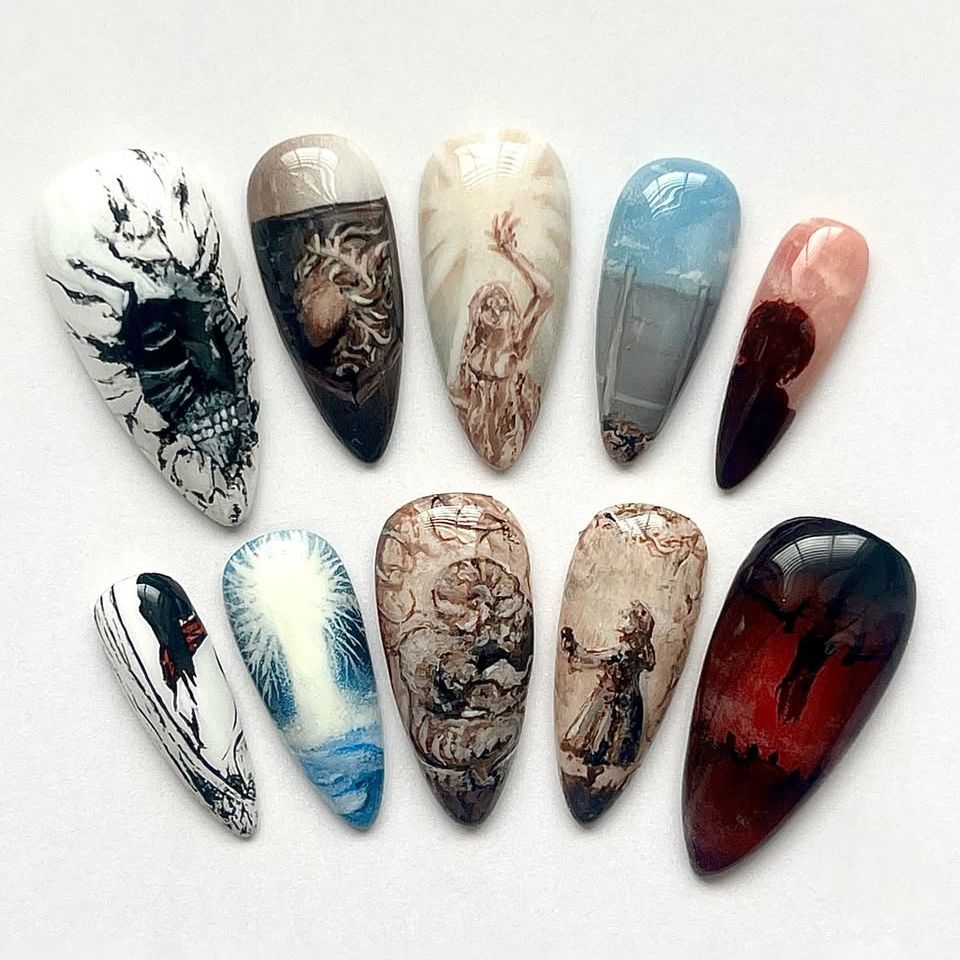 Enchanting Artistry Long Almond Multi-Colored Set with Intricate Illustrations