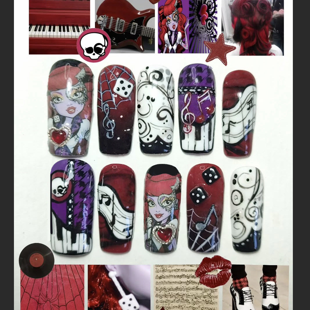 Rockin' Glamorous Long Almond Burgundy and White Press-On Nail Set with Musical and Gothic Designs