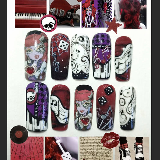 Rockin' Glamorous Long Almond Burgundy and White Press-On Nail Set with Musical and Gothic Designs