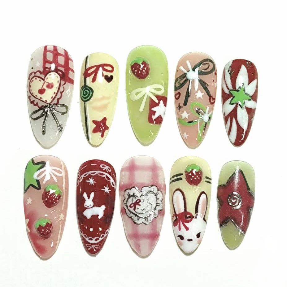 Festive Delight Long Almond Strawberry Green Red and Whimsical Design Press On Nail Set