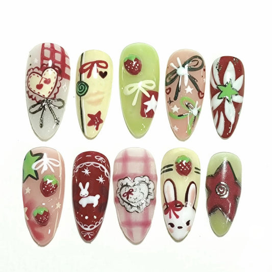 Festive Delight Long Almond Strawberry Green Red and Whimsical Design Press On Nail Set