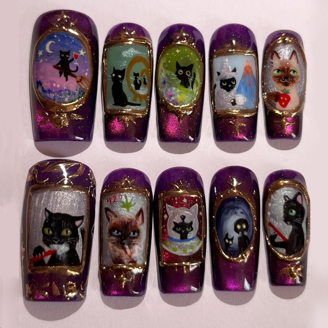 Whimsical Nighttime Cats Long Square Purple Nail Set with Intricate Cat-Themed Art