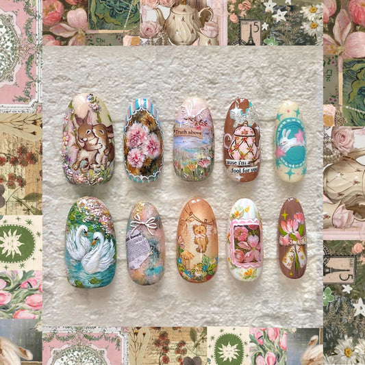 Charming Garden Inspired Press On Nail Set Medium Almond Colorful Assorted Designs with Whimsical Artistry