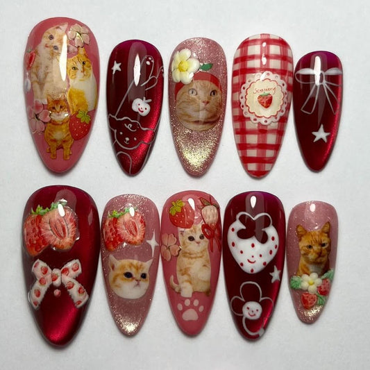Whimsical Cat Garden Medium Almond Red Nail Set with Charming Animal Illustrations