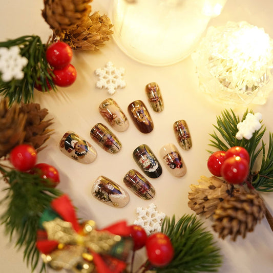 Festive Winter Wonderland Medium Oval Beige and Dark Green with Charming Holiday Scenes Press-On Nail Set