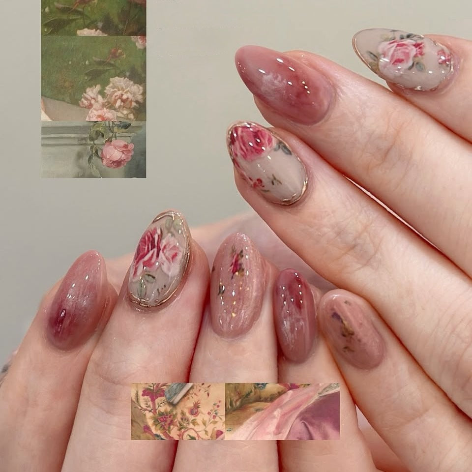 Vintage Floral Elegance Medium Almond Soft Pink with Artistic Rose Accents Press-On Nail Set