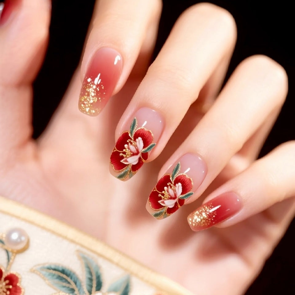Floral Elegance Medium Coffin Red Ombre with Glitter and Charming Flower Design Press On Nail Set