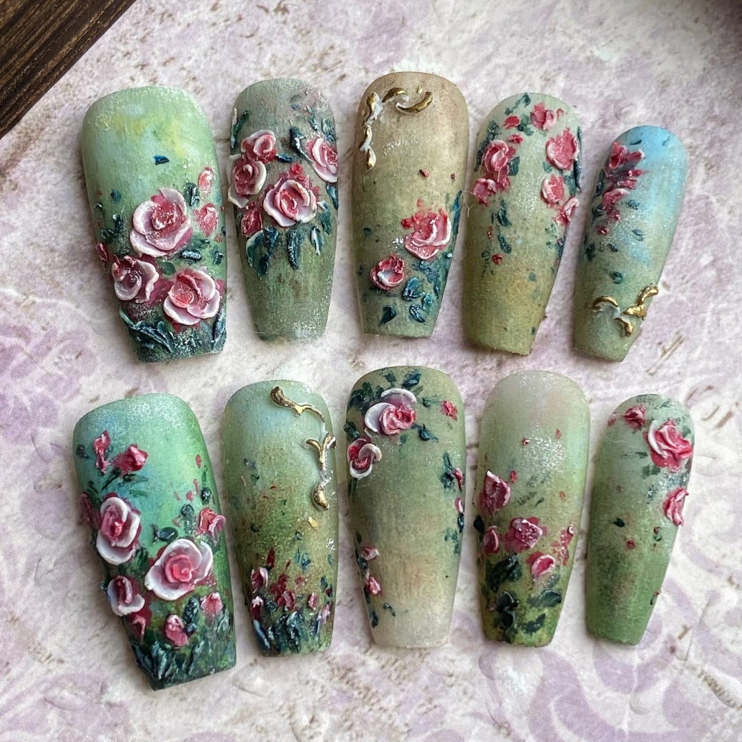 Enchanted Garden Medium Coffin Green Floral Design Press-On Nail Set with Elegant Gold Accents