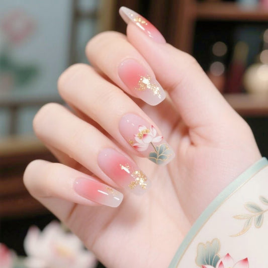 Elegance in Bloom Long Coffin Pink Ombre with Floral Design and Glitter Press-On Nail Set