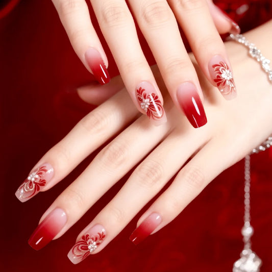 Elegant Romance Long Coffin Red Ombre Press On Nail Set with Intricate Floral Design