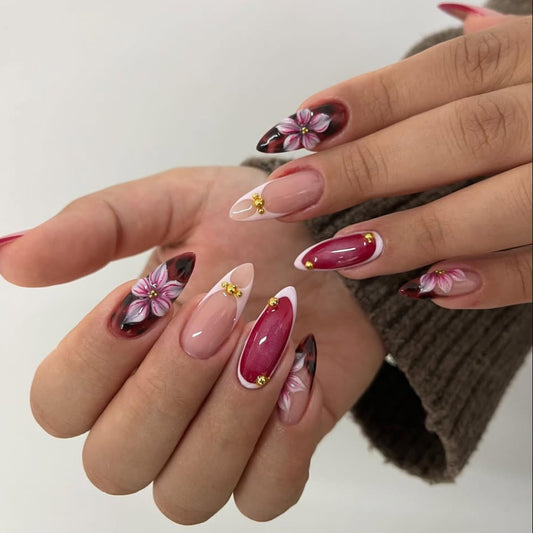 Floral Elegance Long Almond Red and Pink Ombre with Charming Gold Accents Press-On Nail Set