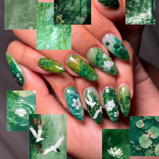 Serene Oasis Long Almond Green Floral Design Press On Nail Set