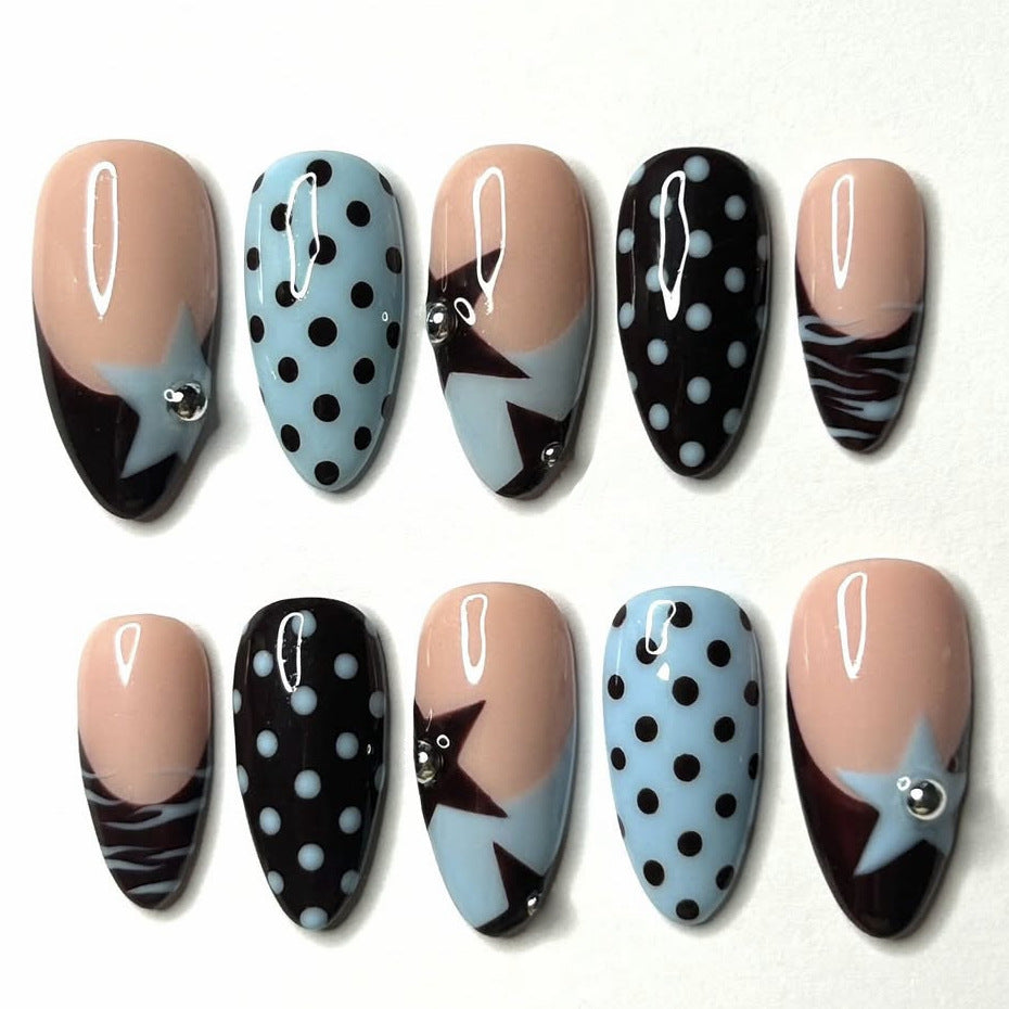 Galactic Twinkle Medium Almond Shape Blue and Black with Dots and Star Accents Press On Nail Set