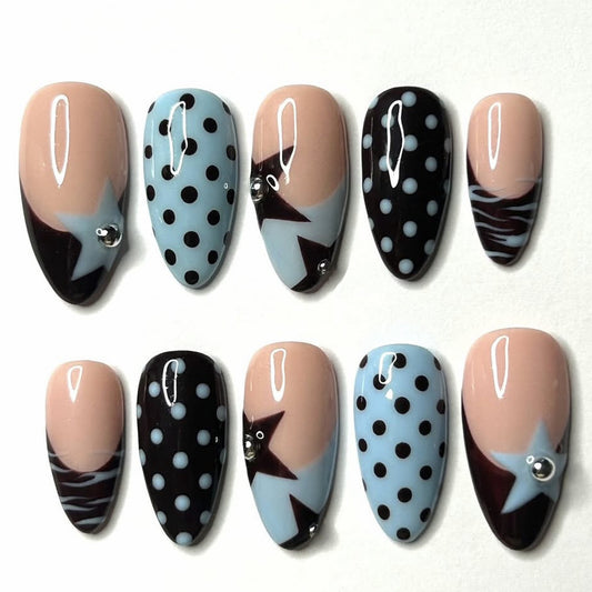 Galactic Twinkle Medium Almond Shape Blue and Black with Dots and Star Accents Press On Nail Set
