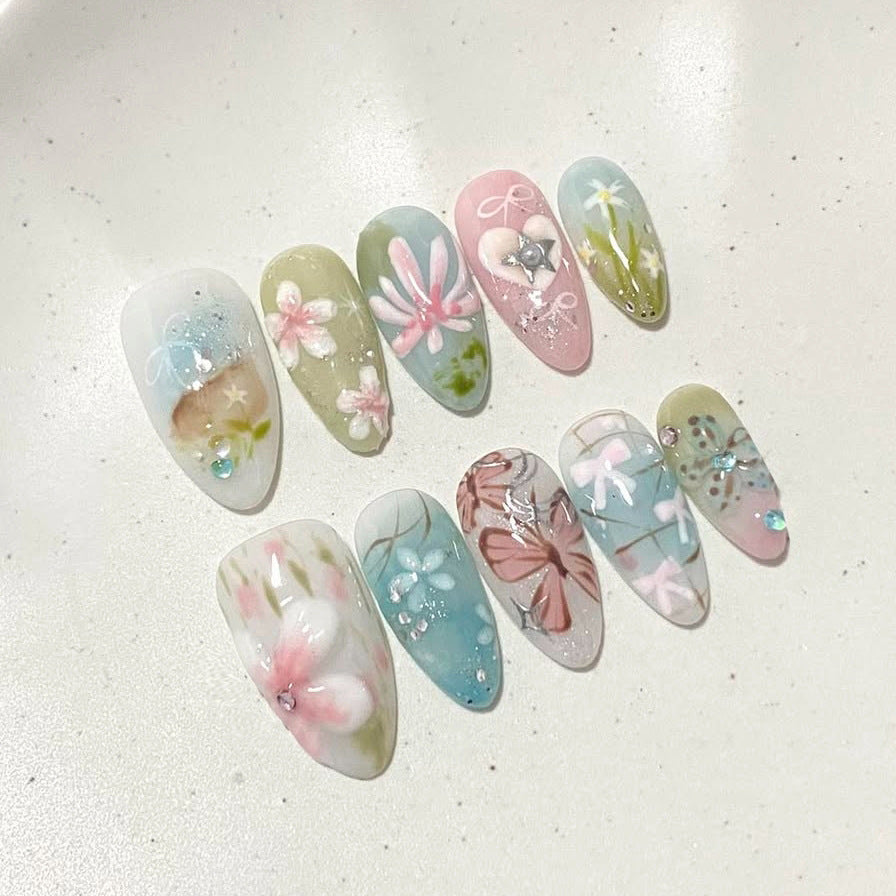 Whimsical Garden Medium Almond Pastel Floral Design with Gemstone Accents Press-On Nail Set