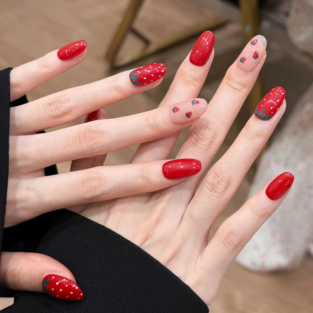 Berry Delightful Long Oval Red Press On Nail Set with Floral Strawberry Accents