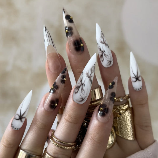 Elegant Enchantment Long Stiletto Gradient Brown and White Nail Set with Floral Accents and Gem Details