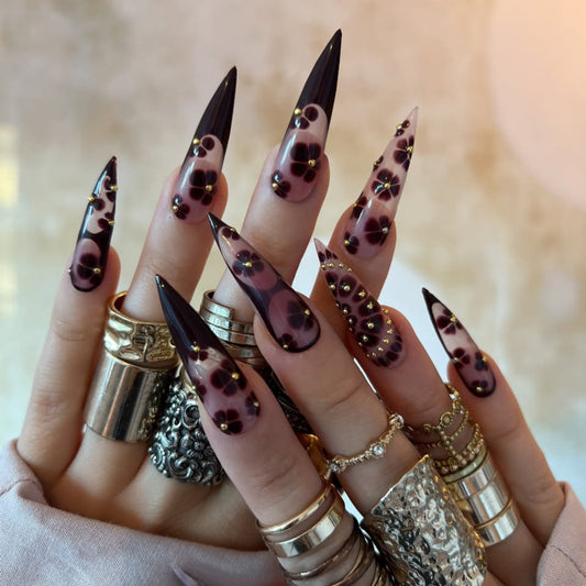 Mystical Elegance Long Stiletto Purple Floral Press On Nail Set with Unique Gold Stud Accents
