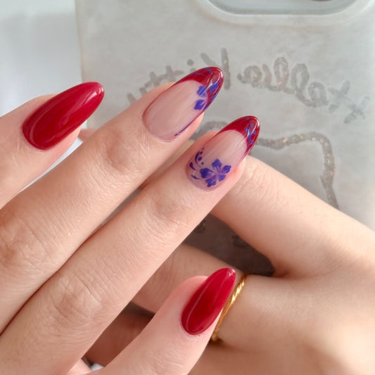 Charming Floral Fantasy Long Almond Red with Delicate Blue Design Press On Nail Set