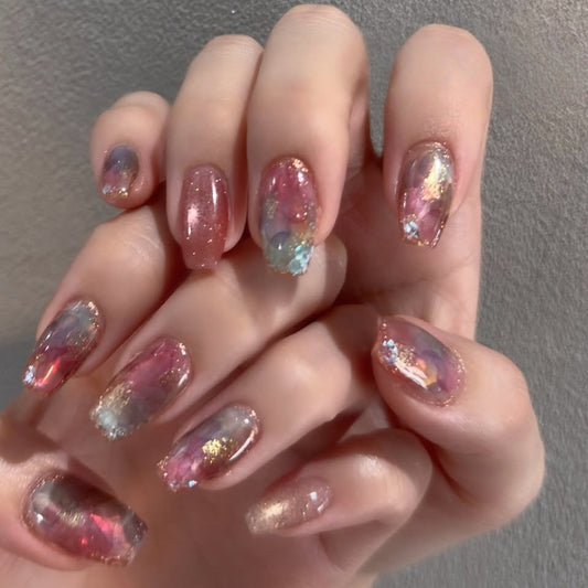 Glamorous Fantasy Medium Square Pink Opalescent Glow Press On Nail Set