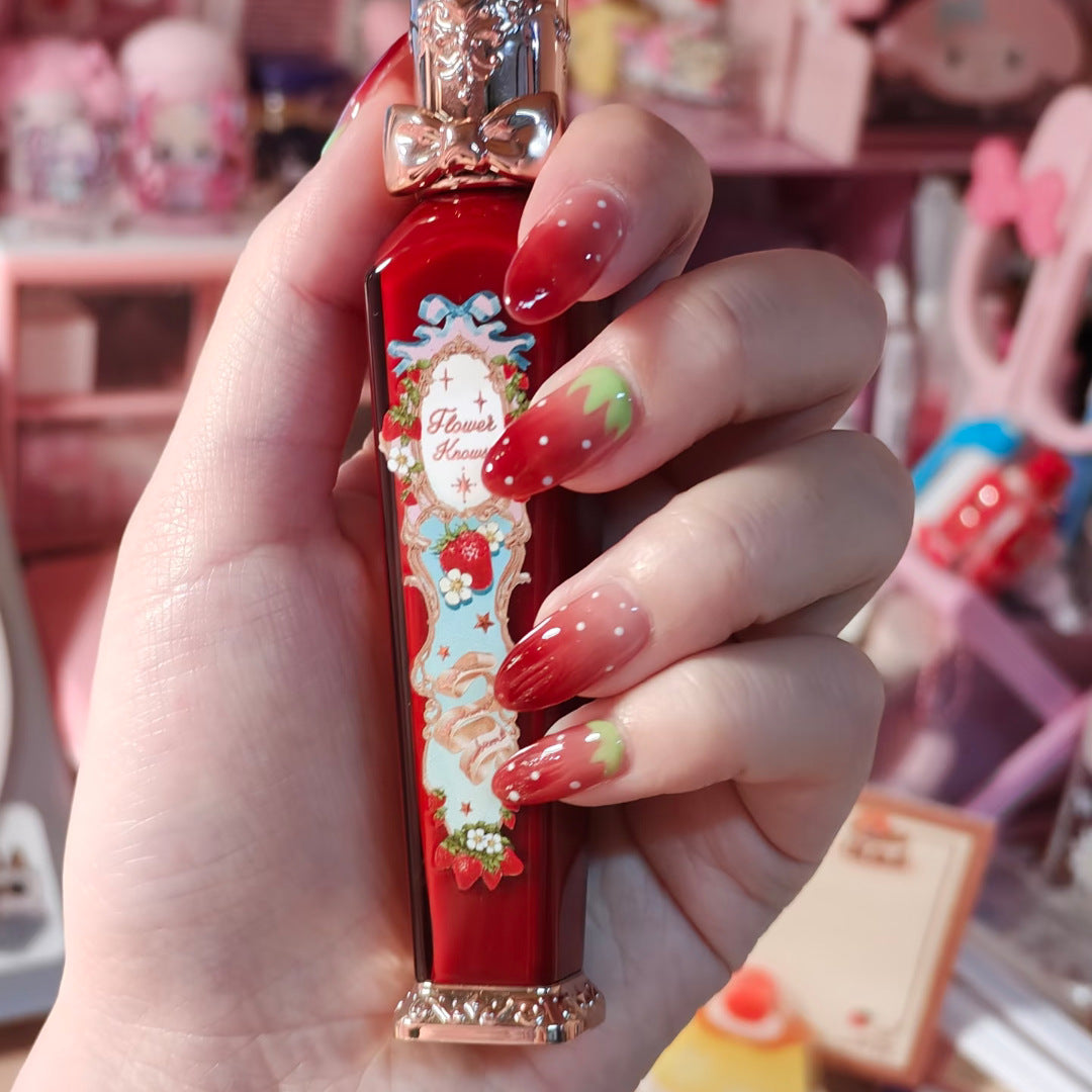 Enchanted Garden Long Oval Red Strawberry Ombre Nail Set with Whimsical Dot Accents