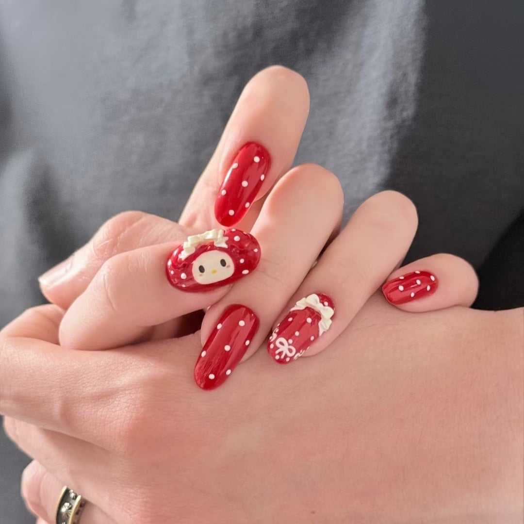 Sweet Strawberry Themed Medium Oval Shape Red Color with Cute Bow and Character Detail Press On Nail Set