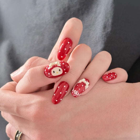 Sweet Strawberry Themed Medium Oval Shape Red Color with Cute Bow and Character Detail Press On Nail Set