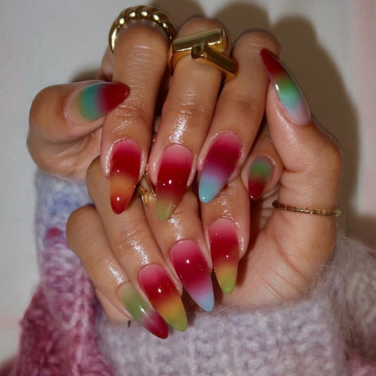 Whimsical Gradient Long Almond Press On Nail Set with Multicolor Ombre Finish and Glossy Shine