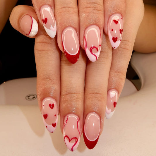 Romantic Heartfelt Medium Almond Shaped Pink and Red Nails with Charming Heart Designs