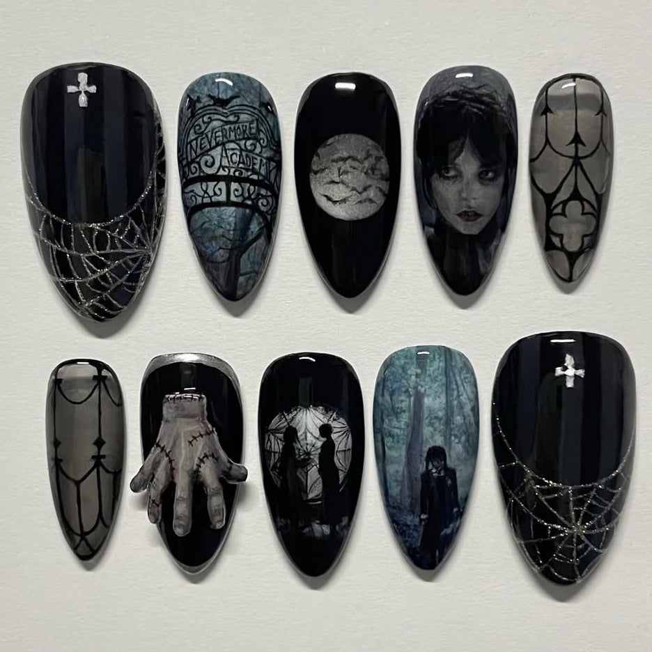 Mystical Enchantment Long Almond Black and Dark Gray Spider Web and Gothic Art Press On Nail Set