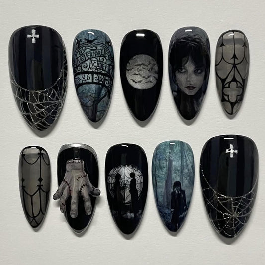 Mystical Enchantment Long Almond Black and Dark Gray Spider Web and Gothic Art Press On Nail Set