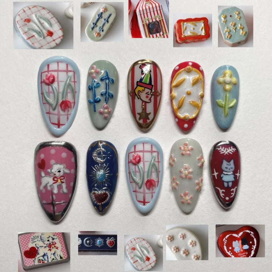 Whimsical Garden Press On Nail Set Long Almond Mint Green with Charming Floral Designs