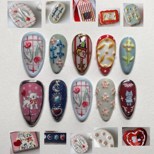 Whimsical Garden Press On Nail Set Long Almond Mint Green with Charming Floral Designs